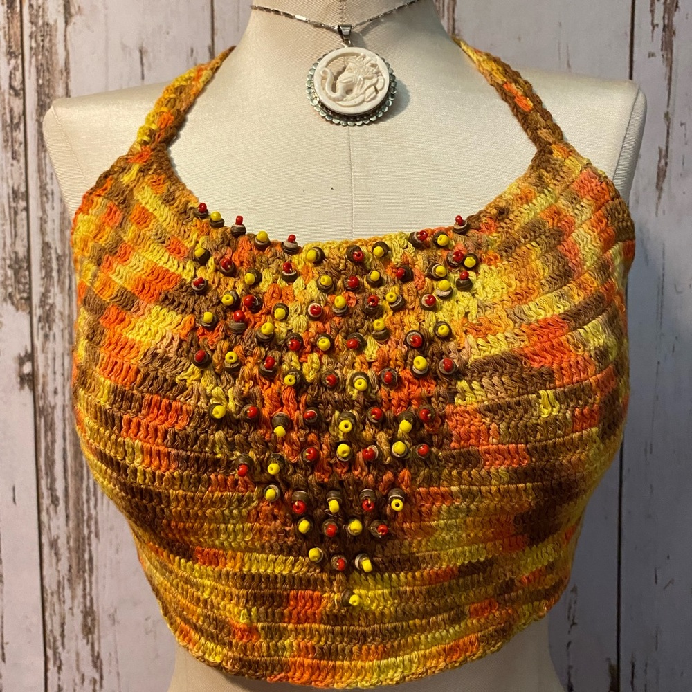 Hand-beaded Crochet halter top.